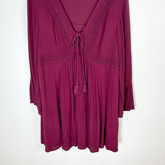 Torrid Lace Up Crinkle Gauze Flowy Long Sleeve Mini Skater Dress Burgundy - Picture 8 of 14
